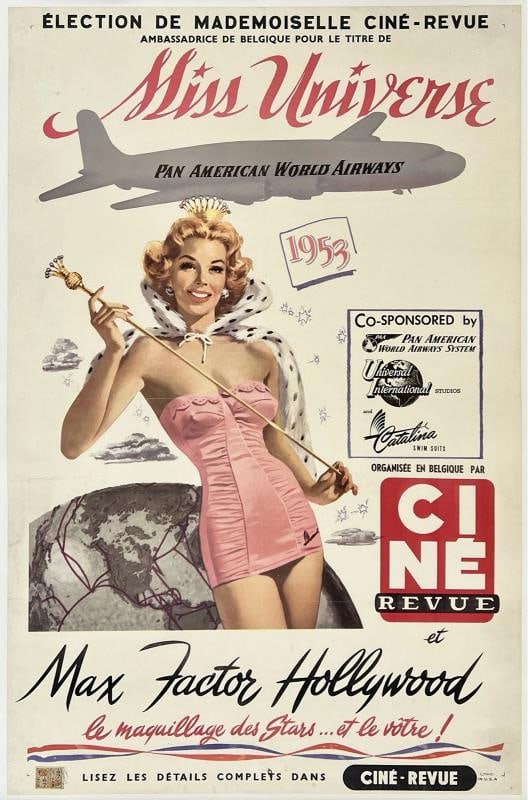 Original Vintage Poster PAN AM MISS UNIVERSE 1953 Airline Travel Tourism LINEN (1 of 5)
