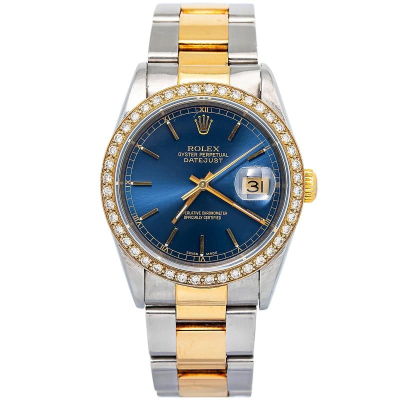 Rolex Datejust 16203 Oyster 18k YG Two Tone Diamond Auto Blue Dial watch 36mm: Case Size 36mm Wrist Fit 7 inches Box No Papers No Condition Ã¢â‚¬â€ Pre-owned Full Specifications Brand Rolex Model Datejust Customized No Serial # P56xxxx