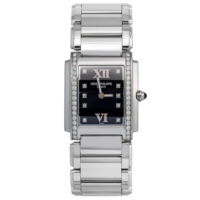Patek Philippe Twenty4 4910/10A Diamond Bezel Quartz Black Dial Women Watch 25mm: Case Size 25mm Wrist Fit 6.5 inches Box No Papers No Condition Ã¢â‚¬â€ Pre-owned Full Specifications Brand Patek Philippe Model Twenty~4 Customized No Serial