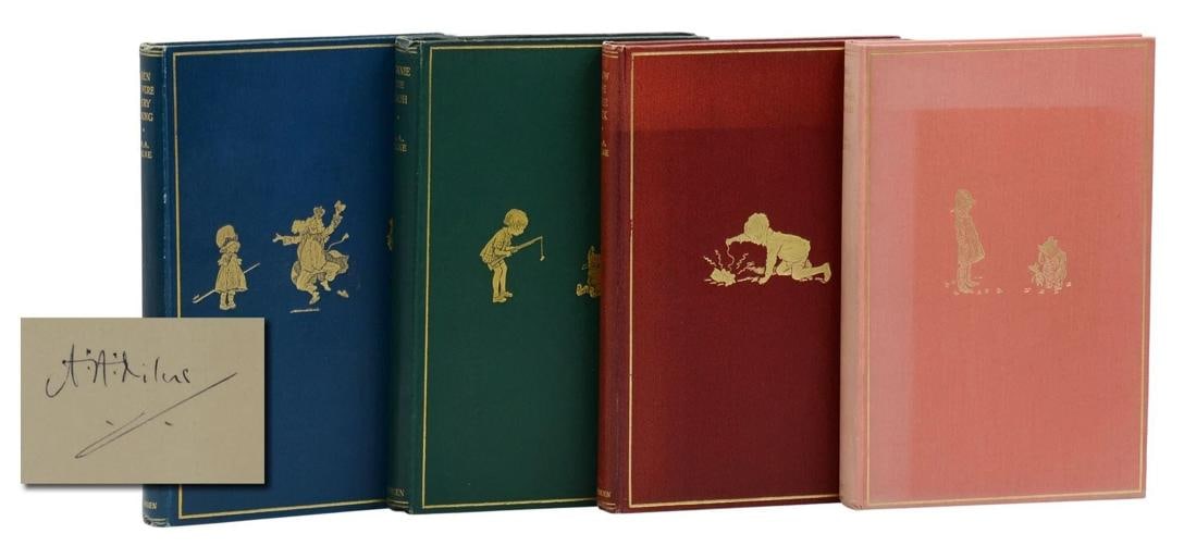 Complete Set of Winnie the Pooh Books ~ SIGNED by A.A. Milne ~ First Edition 1st: First British trade editions, first printings of all four books, with a signed card by A. A. Milne tipped onto the pastedown of the first book London: Methuen & Co., 1924, 1926, 1927, 1928. A