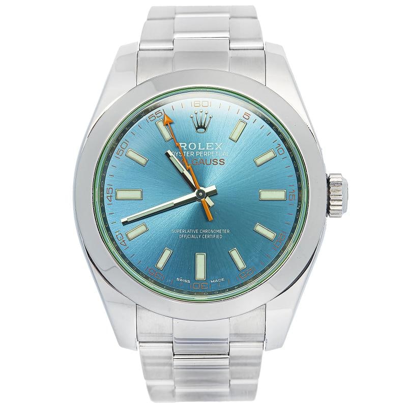 Rolex Milgauss 116400GV 2019 Card Green Crystal Auto Blue Dial Men's Watch 40MM: Case Size 40mm Wrist Fit 7 inches Box No Papers Yes Condition Ã¢â‚¬â€ Pre-owned Full Specifications Brand Rolex Model Milgauss Customized No Serial #