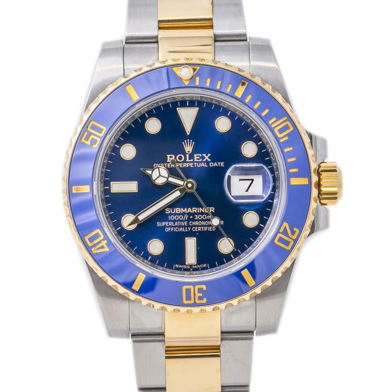 Rolex Submariner 116613LB Oyster 18K Yellow TwoTone Blue Dial Men's Watch 40MM: Case Size 40mm Wrist Fit 7 inches Box No Papers NO Condition Ã¢â‚¬â€ Pre-owned Full Specifications Brand Rolex Model Submariner Date Customized No Serial # V