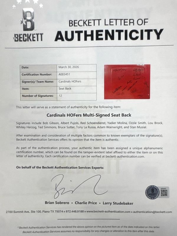 Albert Pujols Stan Musial Bob Gibson Signed St. Louis Cardinals Seatback BAS - 3