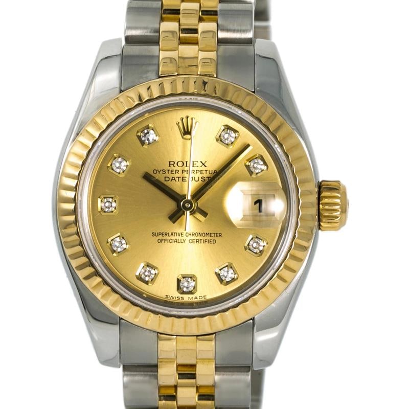 Rolex Datejust 179173 Jubilee 18K TwoTone Auto Champagne Diamond Dial Women 26mm: Case Size 26mm Wrist Fit 6 inches Box No Papers NO Condition Ã¢â‚¬â€ Pre-owned Full Specifications Brand Rolex Model Lady-Datejust Customized No Serial # M20