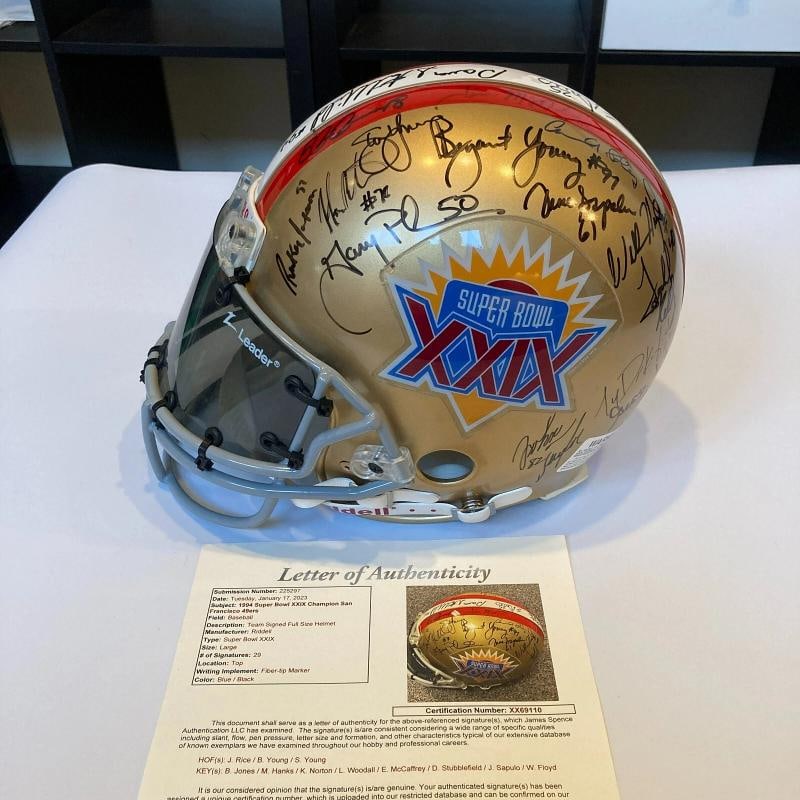 1994 San Francisco 49ers Super Bowl XXIX Champs Team Signed Full Size Helmet JSA: 29 signatures with Jerry Rice, Steve Young and the rest of the team.