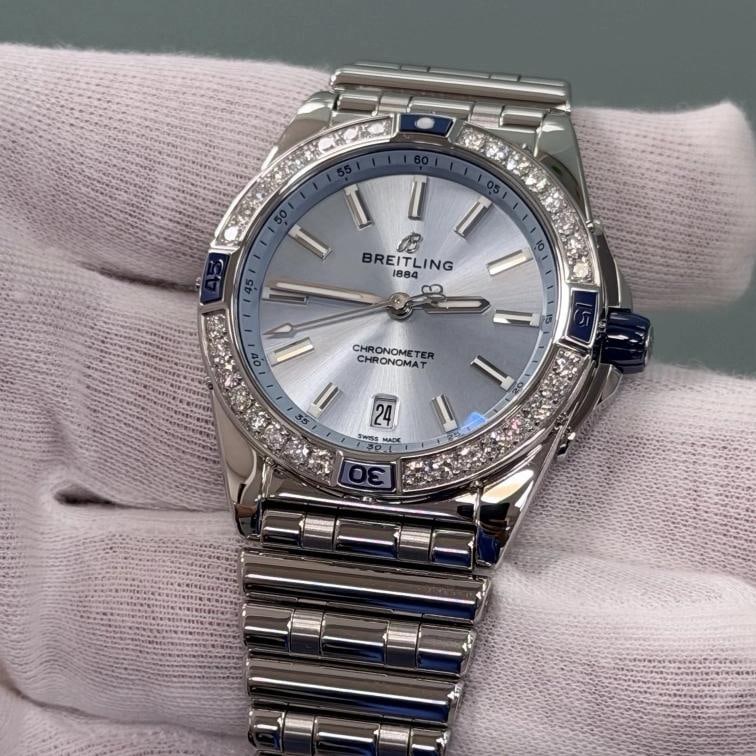 Breitling Super Chronomat A17356 38mm Diamond Bezel Blue Dial Steel Box Booklet - 4