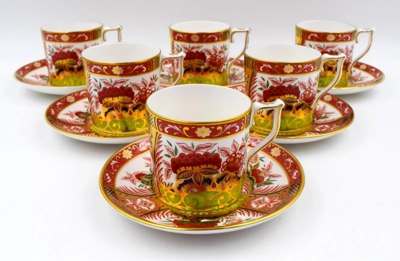 Set of 6 Royal Crown Derby Imari Golden Peony Bone China Coffee Cup & Saucer: Measurements: Cup 2 1/2" high by 3 1/2" rim to handle wide. Saucer 5 5/16" diameter by 3/4" deep.