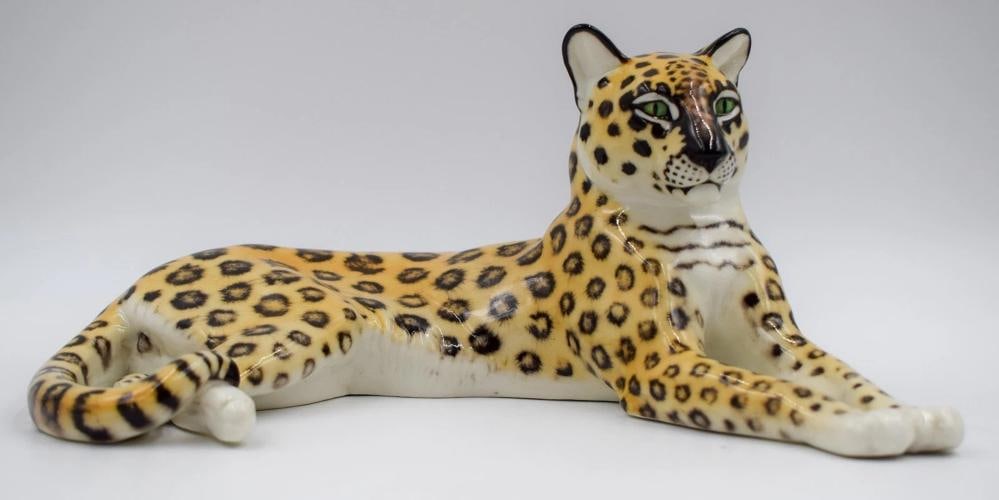 Nymphenburg Porcelain Hand Painted Leopard Design by Theodor Karner: Measures 4 1/2" high by 8" wide by 10" long