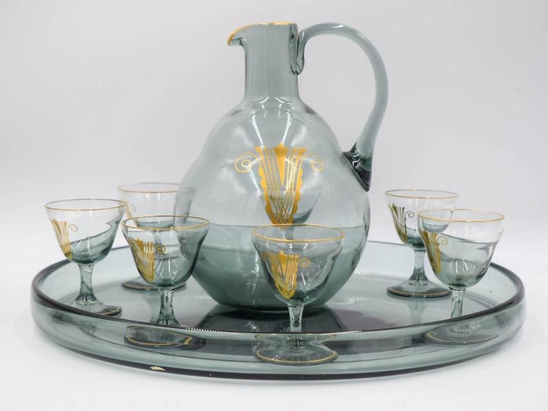 DAUM Nancy Art Deco Port Wine Drinking Set - Platter, Ewer and 6 Wines: Measurements: Glass 2 3/4" high. Tray 12" diameter. Pitcher 7 1/4" high.