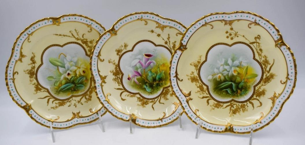 Set of 12 English H.P. Orchid Cabinet Plates Adderley&Co. Artist Signed - 3