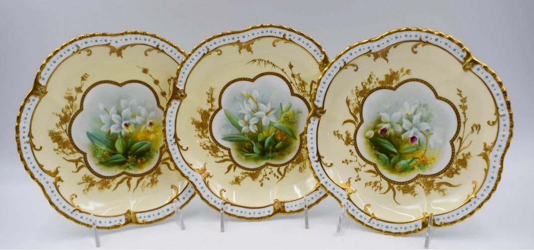 Set of 12 English H.P. Orchid Cabinet Plates Adderley&Co. Artist Signed - 4