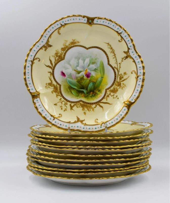 Set of 12 English H.P. Orchid Cabinet Plates Adderley&Co. Artist Signed - 5