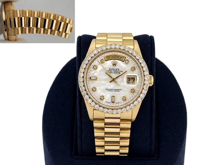 Rolex Day Date President 18038 36mm Mother of Pearl Diamond Dial Bezel 18k Gold: Style Number: 18038 Serial: 621**** Year: 1979 Model: Rolex Day Date President Case Material: 18k Yellow Gold Band: 18k Yellow Gold President Bezel: Custom Diamond Bezel Dial: Custom Mother of Pearl D