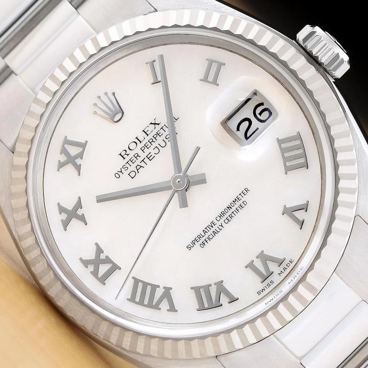 ROLEX MENS DATEJUST 16014 MOTHER OF PEARL ROMAN DIAL 18K WHITE GOLD STEEL WATCH: Condition: Pre-owned - Excellent,Country of Origin: Switzerland,Brand: Rolex,Department: Men's,Style: Dress/Formal, Luxury: Dress Styles,Features: 12-Hour Dial, Acrylic Crystal, Chronometer, Screwdown