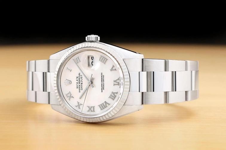 ROLEX MENS DATEJUST 16014 MOTHER OF PEARL ROMAN DIAL 18K WHITE GOLD STEEL WATCH - 2