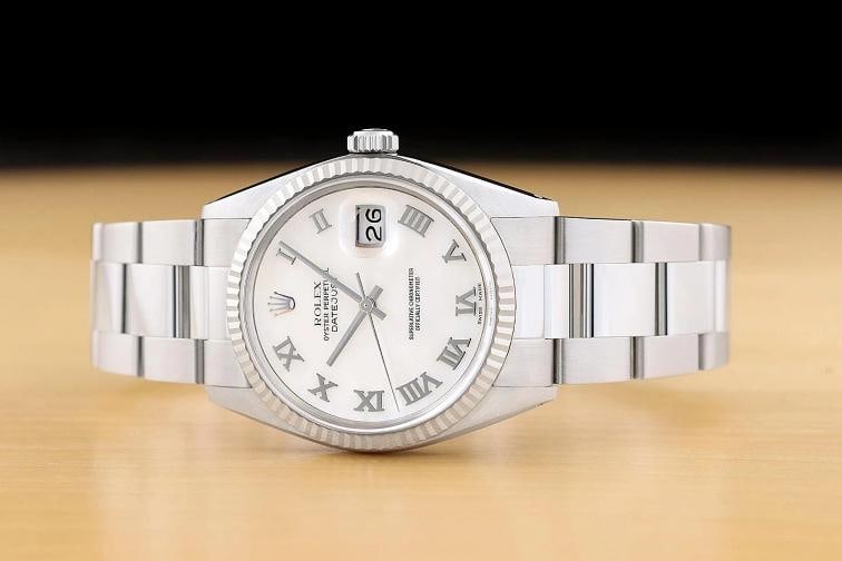 ROLEX MENS DATEJUST 16014 MOTHER OF PEARL ROMAN DIAL 18K WHITE GOLD STEEL WATCH - 3