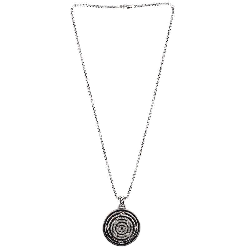 David Yurman Labyrinth Disc Pendant Necklace Sterling Silver with Diamonds - 2