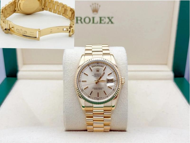 Rolex Day Date President 118238 36mm Champagne Dial 18k Yellow Gold: Style Number: 118238 Serial: Y57**** Year: 2002 Model: Rolex Day Date President Case Material: 18K Yellow Gold Band: 18K Yellow Gold President Bezel: 18K Yellow Gold Fluted Dial: Champagne Dial