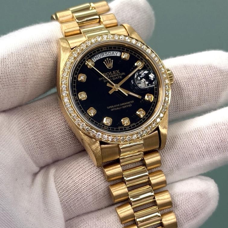 Rolex Day Date President 18038 36mm Quickset Black Diamond Dial & Bezel 18K Gold - 6