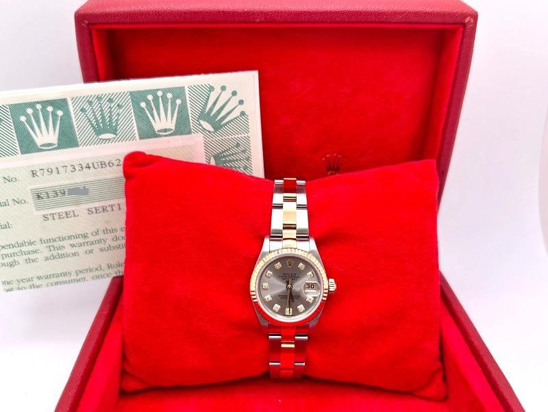 Rolex Ladies Datejust 79173 Steel Serti Diamond Dial 18k Gold Steel Box Paper - 2