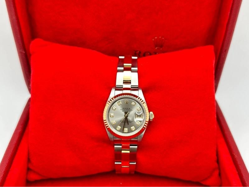 Rolex Ladies Datejust 79173 Steel Serti Diamond Dial 18k Gold Steel Box Paper - 3