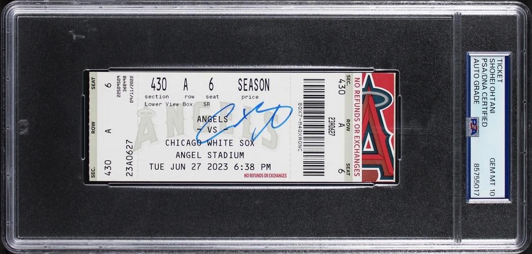 Angels Shohei Ohtani Signed 6/27/23 LAA Vs CWS Ticket Stub Auto 10! PSA Slabbed: Product: Not Available,Player: Shohei Ohtani,Original/Reprint: Original,Autograph Authentication: PSA,Team: Los Angeles Angels,PRODUCT_COA: PSA,PRODUCT_SIGNED_BY_NAME: Shohei
