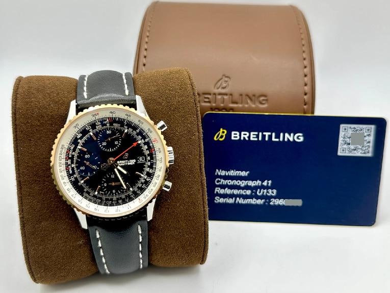 Breitling Navitimer U13324 41mm Black Dial 18K Rose Gold Steel Box Paper: Style Number: U13324 Year: 2020 Model: Breitling Navitimer 41 Chronograph Case Material: Stainless Steel Band: Black Leather Bezel: 18k Rose Gold Dial: Black Crystal: Sapphire Crystal Case Size: 41mm