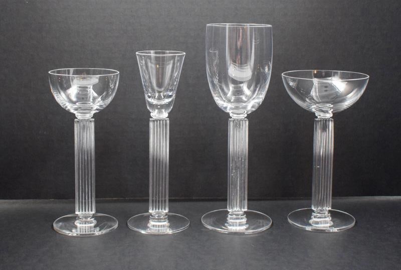Rare Libbey Embassy 4 Pc Set Glasses, Designed by Walter Dorwin Teague: Measurements Wine 6 5/8" high. Cordial 7 1/2" high. Champagne 6 1/2" high. Goblet 8 5/8" high.