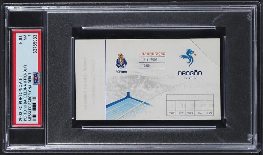 Barcelona Lionel Messi Club Debut Full Ticket Stub Graded NM 7! PSA/DNA Slabbed: Sport: Soccer,Player: Lionel Messi,Grade: Graded,Original/Reproduction: Original,Team: Barcelona Football Club,PRODUCT_COA: PSA,PRODUCT_SIGNED_BY_NAME: Lionel Messi,PRODUCT_SIGNED_BY_BRAND: Barcelona