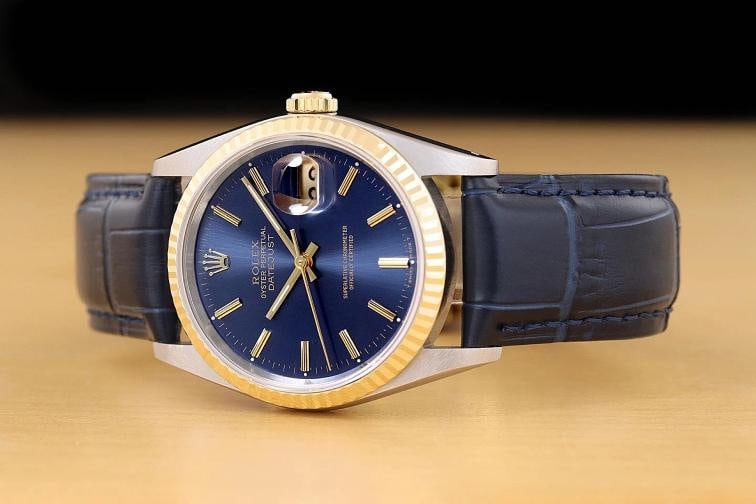 ROLEX MENS DATEJUST 16233 BLUE DIAL 18K GOLD STEEL BLUE LEATHER BAND WATCH - 2