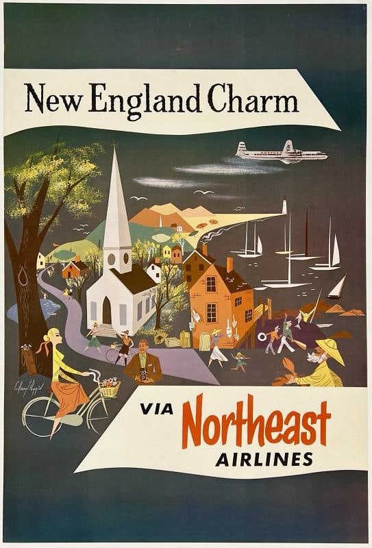 Original Vintage Poster NEW ENGLAND CHARM - NORTHEAST AIRLINES Airline Travel OL (1 of 5)