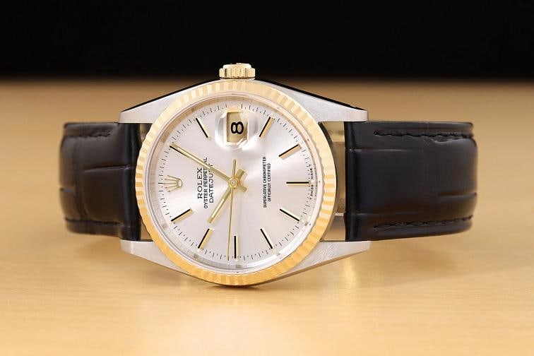 ROLEX MENS DATEJUST 16233 SILVER DIAL 18K GOLD STEEL WATCH w/ BLACK LEATHER BAND - 3