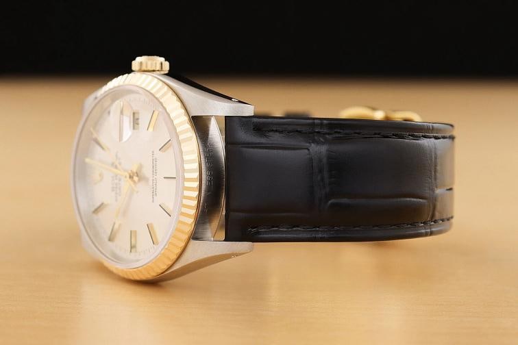 ROLEX MENS DATEJUST 16233 SILVER DIAL 18K GOLD STEEL WATCH w/ BLACK LEATHER BAND - 4
