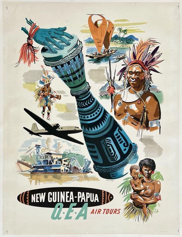 Original Vintage Poster QEA NEW GUINEA-PAPUA QANTAS Airline Travel Tourism LINEN: Dimensions: 30.1 x 39.8 in. / 76.5 x 101 cm.; Circa: 1950s Original vintage "QEA - NEW GUINEA-PAPUA AIR TOURS" airline travel poster, illustrated by STEWART, and printed circa 1950s.