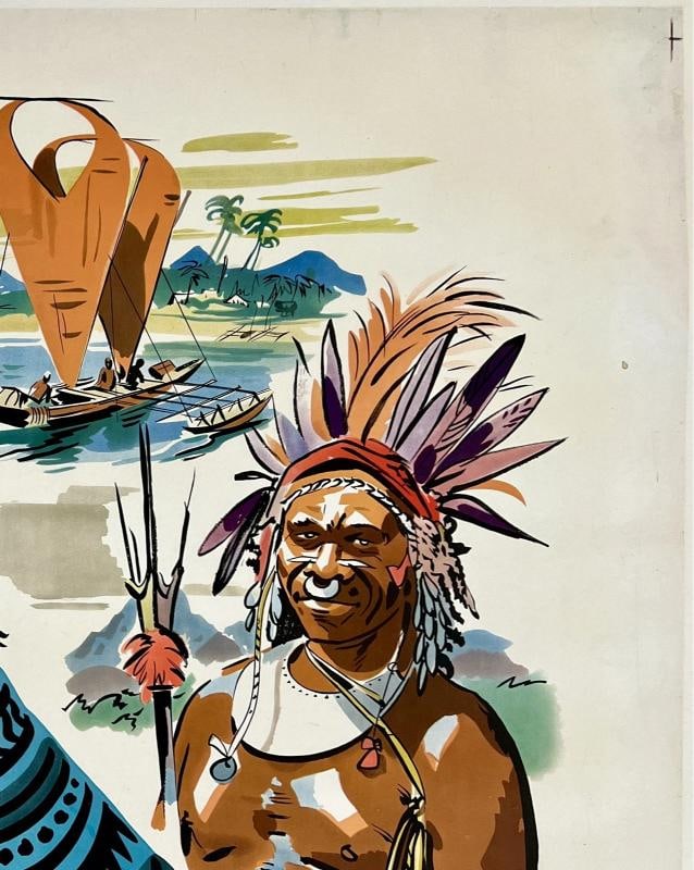 Original Vintage Poster QEA NEW GUINEA-PAPUA QANTAS Airline Travel Tourism LINEN - 3