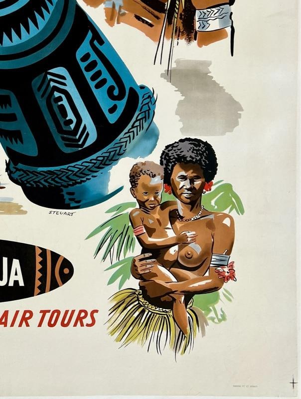 Original Vintage Poster QEA NEW GUINEA-PAPUA QANTAS Airline Travel Tourism LINEN - 5