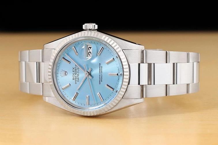 ROLEX MENS DATEJUST 16014 18K WHITE GOLD STEEL ICE BLUE DIAL OYSTER BAND WATCH - 2