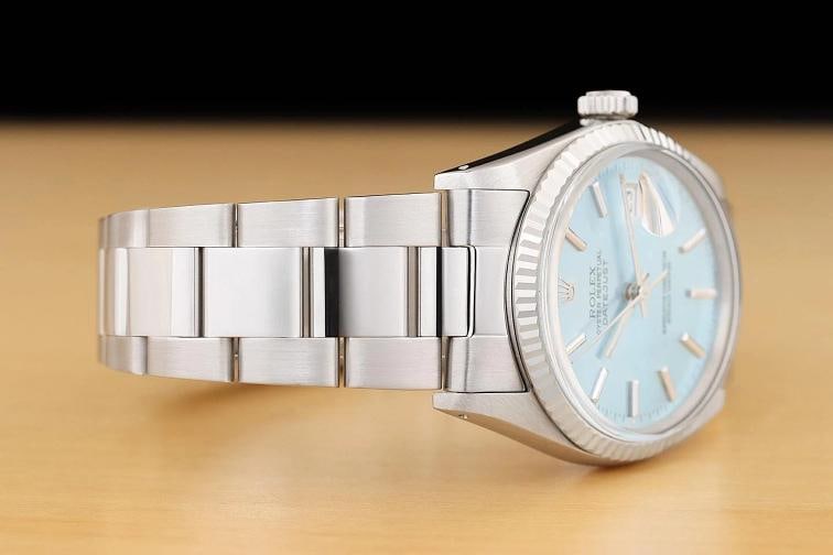 ROLEX MENS DATEJUST 16014 18K WHITE GOLD STEEL ICE BLUE DIAL OYSTER BAND WATCH - 7