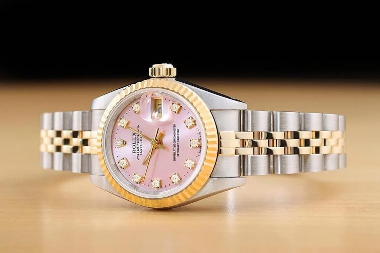 ROLEX LADIES DATEJUST 69173 PINK FACTORY DIAMOND DIAL 18K GOLD STEEL WATCH - 2