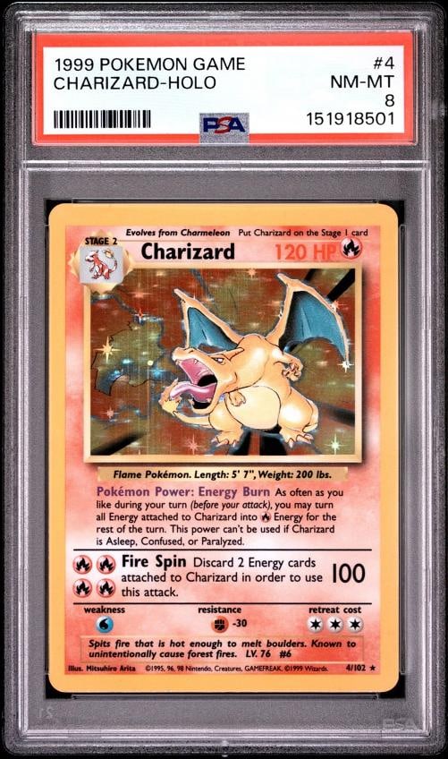 1999 POKEMON BASE SET UNLIMITED #4 CHARIZARD-HOLO PSA 8: Condition: Graded - PSA 8: Professionally graded,Graded: Yes,Set: 1999 POKEMON GAME,Game: PokÃƒÂ©mon TCG,Character: CHARIZARD-HOLO,Card Name: CHARIZARD-HOLO,Grade: 8,Professional G