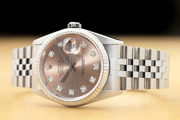 MENS ROLEX DATEJUST 16234 SALMON FACTORY DIAMOND DIAL 18K WHITE GOLD STEEL WATCH - 2