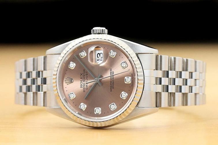 MENS ROLEX DATEJUST 16234 SALMON FACTORY DIAMOND DIAL 18K WHITE GOLD STEEL WATCH - 3