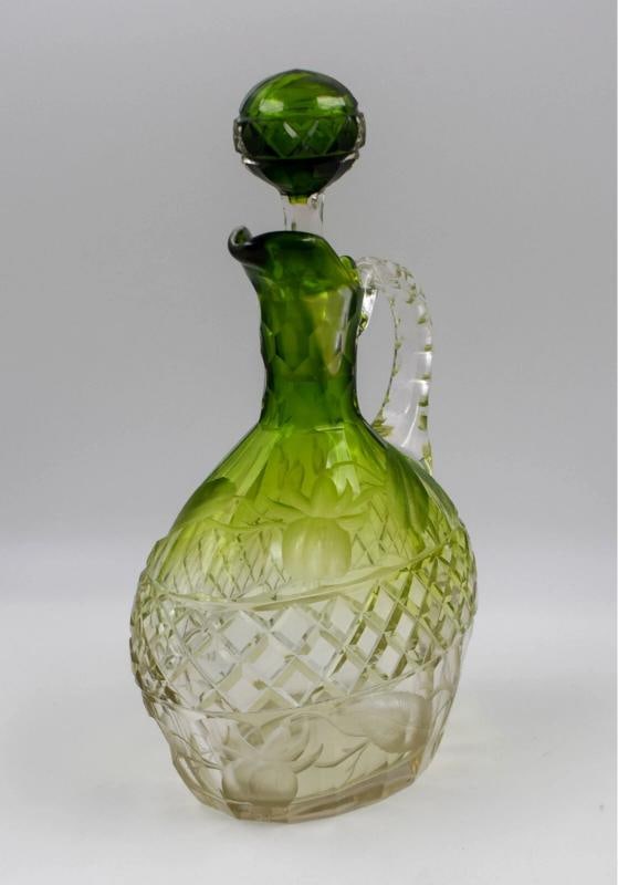 Moser Green Itaglio Cut Glass Decanter, Circa 1900: Measures 10 1/4" high by 3 3/4" wide by 5 3/4" long.