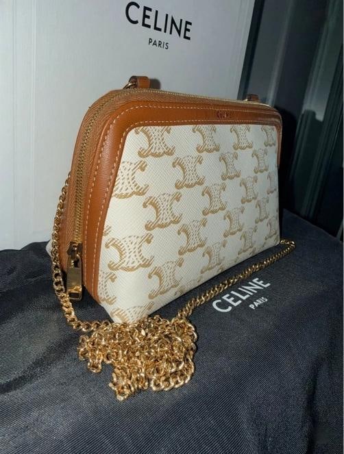 Celine Mini Triomphe Canvas Clutch on Chain White & Tan - 2