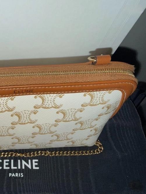 Celine Mini Triomphe Canvas Clutch on Chain White & Tan - 5