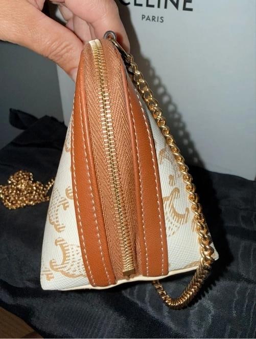 Celine Mini Triomphe Canvas Clutch on Chain White & Tan - 6