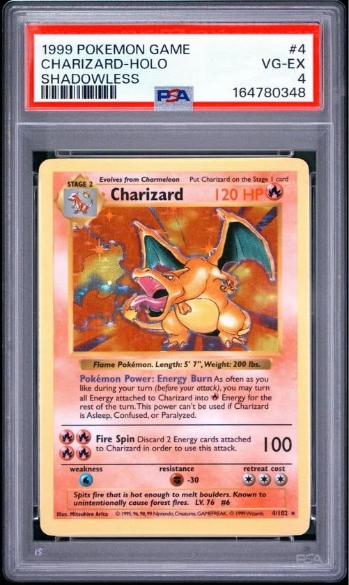 1999 PokÃƒÂ©mon Base Set Shadowless Charizard Holo #4 PSA 4 NEW CERT: Condition: Graded - PSA 4: Professionally graded,Convention/Event: PokÃƒÂ©mon League,Attribute/MTG:Color: Fire,Card Size: Standard,Autographed: No,Autograph Format: Cut,Signed By: