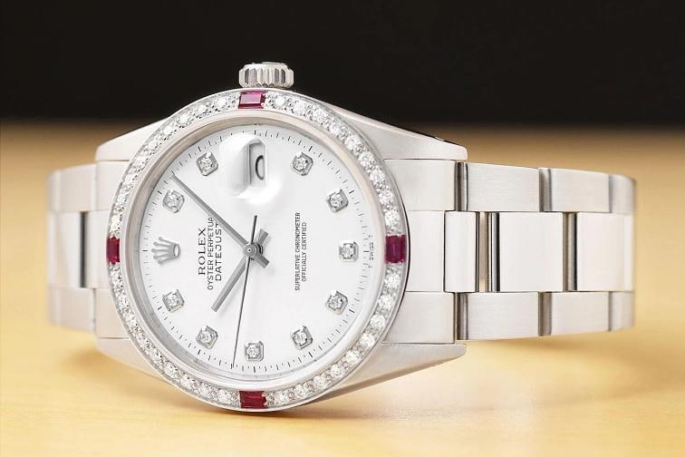 ROLEX MENS DATEJUST WHITE DIAL DIAMOND RUBY 18K GOLD STEEL WATCH w/ OYSTER BAND - 2