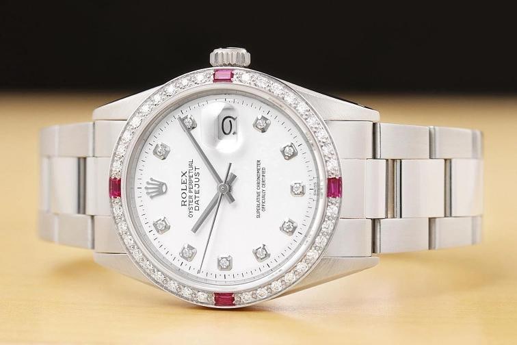 ROLEX MENS DATEJUST WHITE DIAL DIAMOND RUBY 18K GOLD STEEL WATCH w/ OYSTER BAND - 3