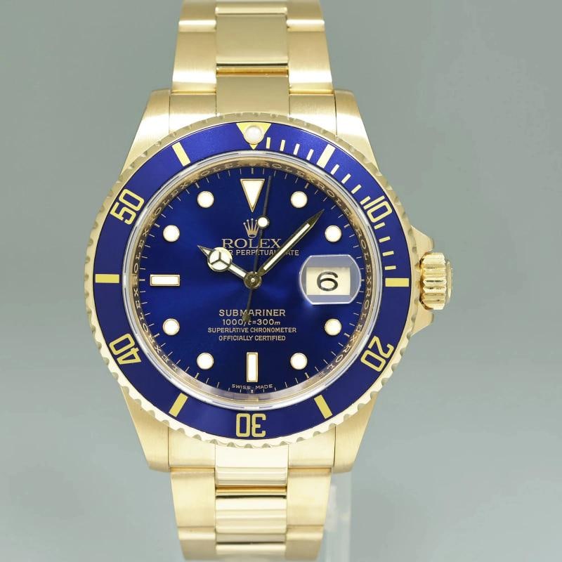 MINT 2007 Rolex 16618LB Submariner 40mm Yellow Gold Blue Sunburst Dial Watch Box - 2